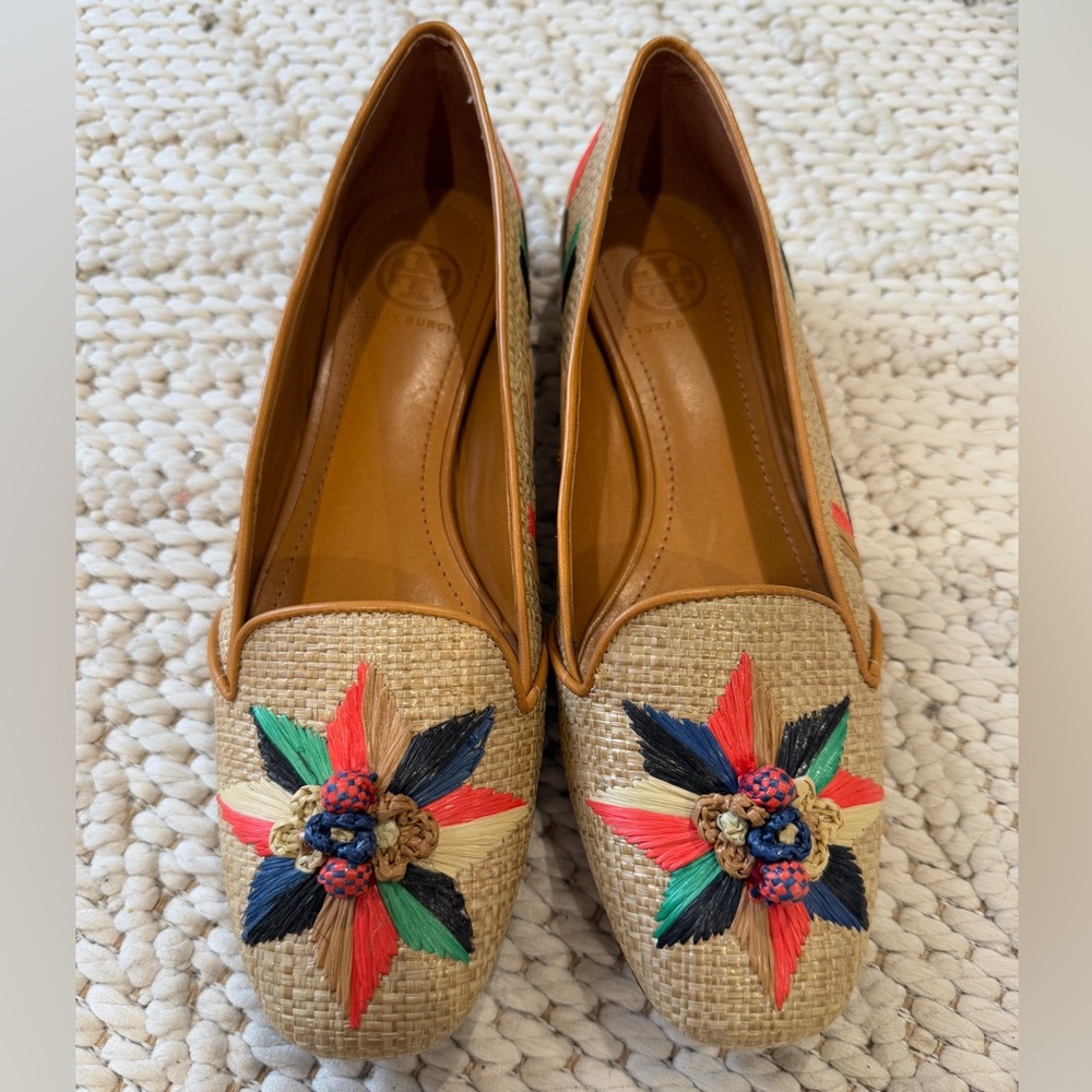 Tory Burch Natural Raffia Flats with Multicolor Embroidered Star